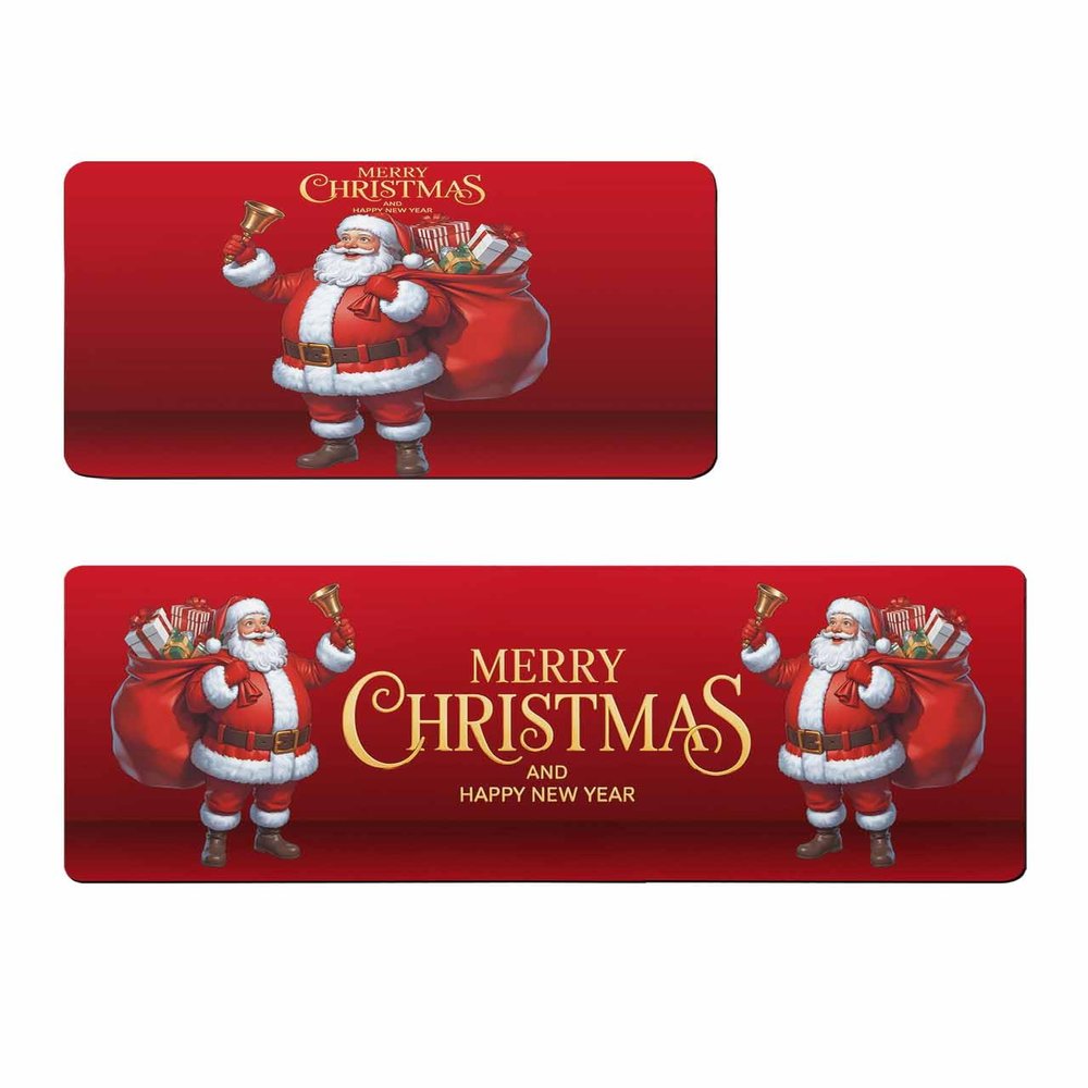 Christmas Santa Bath Mat for Tub,Non Slip Bathroom Floor Runner Rug Quick Dry & Absorbent Diatomaceous Earth Shower Sink Kitchen Washable Doormat,Red Xmas Winter Snowflake Bell Gift 24x36+24x71