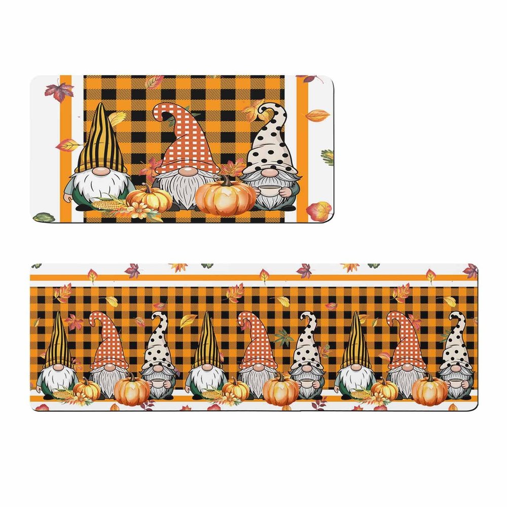Fall Gnomes Bath Mat for Tub,Non Slip Bathroom Floor Runner Rug Quick Dry & Absorbent Diatomaceous Earth Shower Sink Kitchen Doormat,Thanksgiving Pumpkins Autumn Leaves Plaid Black Orange 20x32+20x63