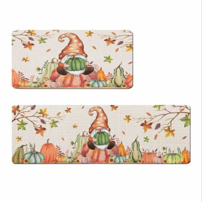 Harvest Festival Bath Mat for Tub,Non Slip Bathroom Floor Runner Rug Quick Dry & Absorbent Diatomaceous Earth Shower Sink Kitchen Doormat,Thanksgiving Fall Boho Gnomes Pumpkin Leaves 16x24+16x47