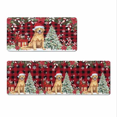 Christmas Red Bath Mat for Tub,Non Slip Bathroom Floor Runner Rug Quick Dry & Absorbent Diatomaceous Earth Shower Sink Kitchen Doormat,Plaid Dog Xmas Poinsettia Eucalyptus Snowflake 16x24+16x47