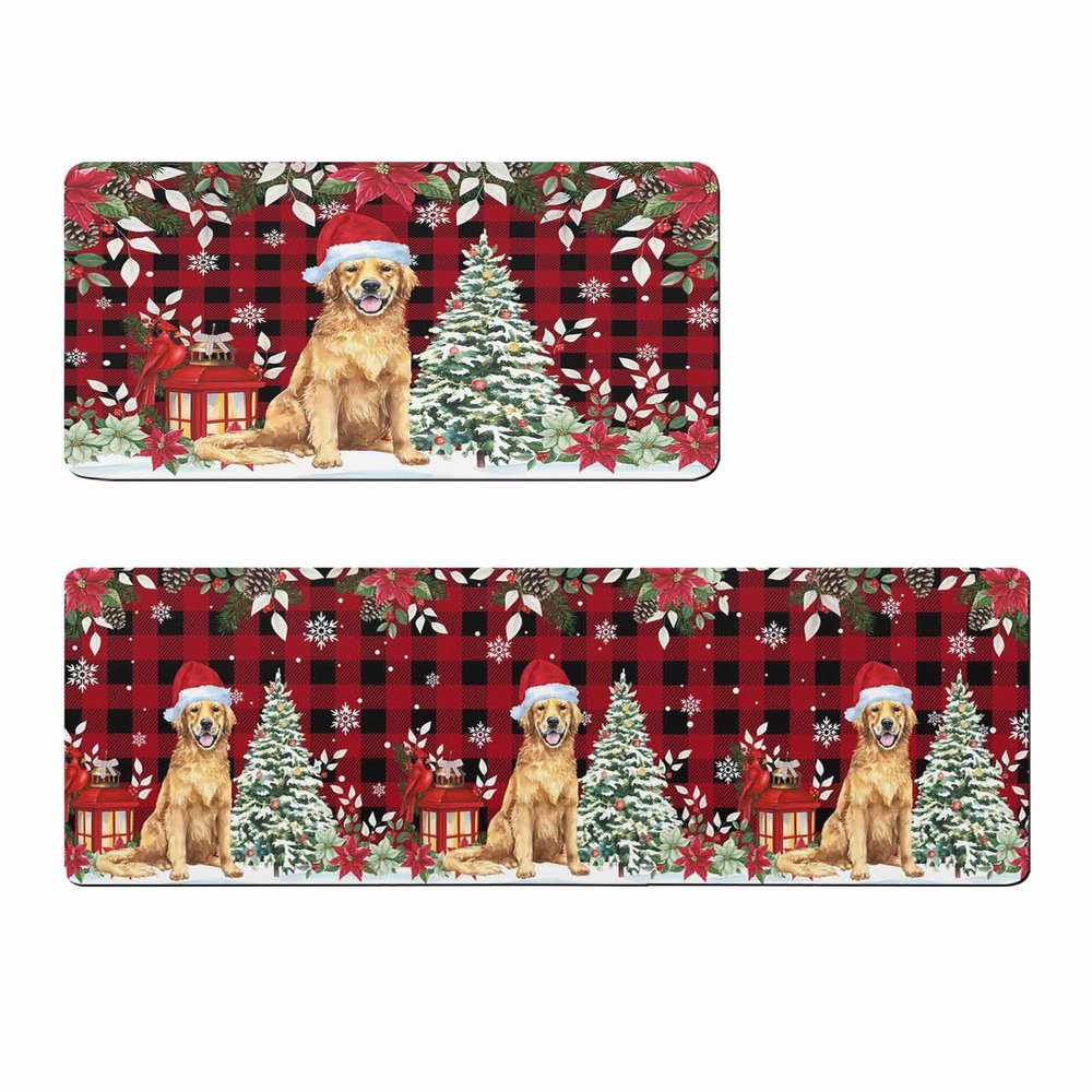 Christmas Red Bath Mat for Tub,Non Slip Bathroom Floor Runner Rug Quick Dry & Absorbent Diatomaceous Earth Shower Sink Kitchen Doormat,Plaid Dog Xmas Poinsettia Eucalyptus Snowflake 16x24+16x47