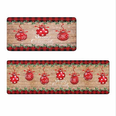 Christmas Bohemia Ball Bath Mat for Tub,Non Slip Bathroom Floor Runner Rug Quick Dry & Absorbent Diatomaceous Earth Shower Sink Kitchen Doormat,Xmas Farmhouse Brown Wood Grain Plaid 24x36+24x71