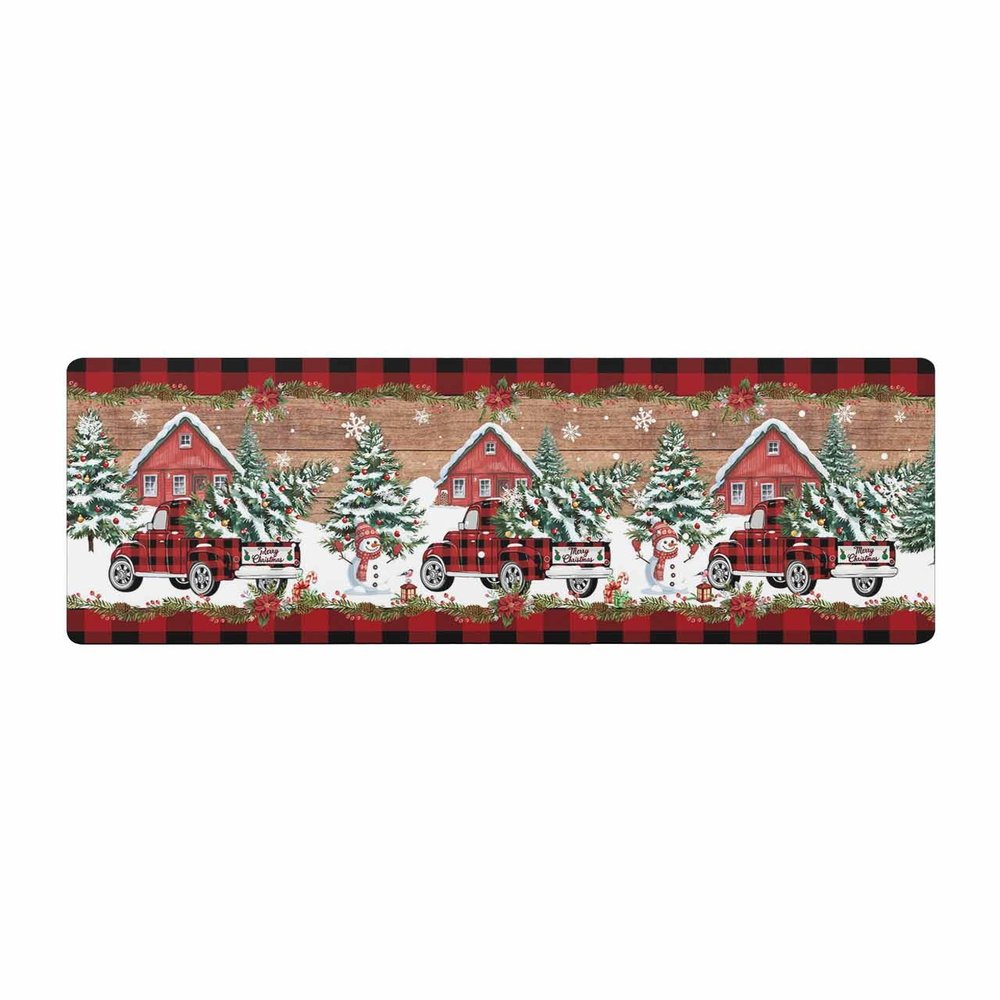 Christmas Red Bath Mat for Tub,Non Slip Bathroom Floor Runner Rug Quick Dry & Absorbent Diatomaceous Earth Shower Sink Bedroom Kitchen Washable Doormat,Farmhouse Truck Snowflake Snowman Plaid 18"x60"