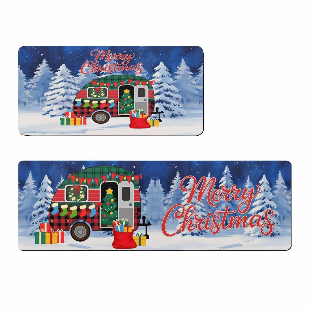 Christmas Bath Mat for Tub,Non Slip Bathroom Floor Runner Rug Quick Dry & Absorbent Diatomaceous Earth Shower Sink Kitchen Washable Doormat,Xmas Winter Camper Tree Gift Socks Red Blue 20x32+20x63