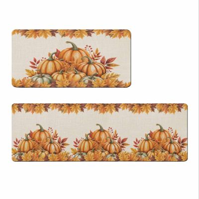Thanksgiving Pumpkin Bath Mat for Tub,Non Slip Bathroom Floor Runner Rug Quick Dry & Absorbent Diatomaceous Earth Shower Sink Bedroom Kitchen Washable Doormat,Watercolor Orange Art 18x30+18x60