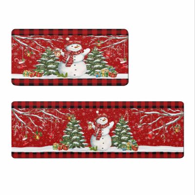 Christmas Bath Mat for Tub,Non Slip Bathroom Floor Runner Rug Quick Dry & Absorbent Diatomaceous Earth Shower Sink Kitchen Washable Doormat,Red Snowman Snowflake Snow Xmas Tree Plaid 16x24+16x47