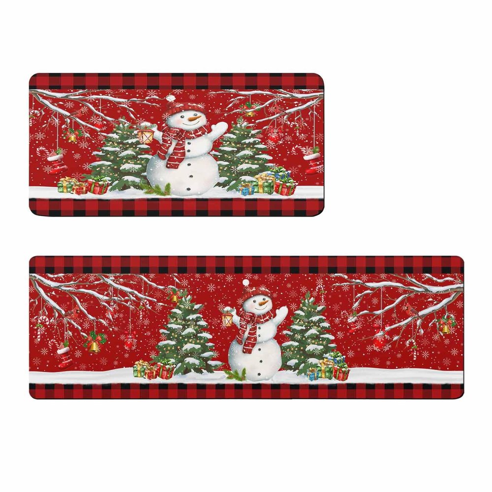Christmas Bath Mat for Tub,Non Slip Bathroom Floor Runner Rug Quick Dry & Absorbent Diatomaceous Earth Shower Sink Kitchen Washable Doormat,Red Snowman Snowflake Snow Xmas Tree Plaid 16x24+16x47