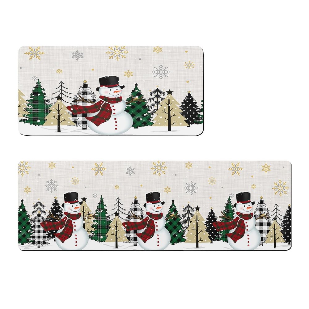 Christmas Rustic Bath Mat for Tub,Non Slip Bathroom Floor Runner Rug Quick Dry & Absorbent Diatomaceous Earth Shower Sink Bedroom Kitchen Washable Doormat,Winter Snowman Gold Snowflake 24x36+24x71