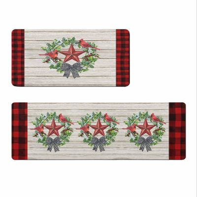 Country Barn Star Bath Mat for Tub,Non Slip Bathroom Floor Runner Rug Quick Dry & Absorbent Diatomaceous Earth Shower Sink Bedroom Kitchen Washable Doormat,Red Retro Holly Checkered 20x32+20x63