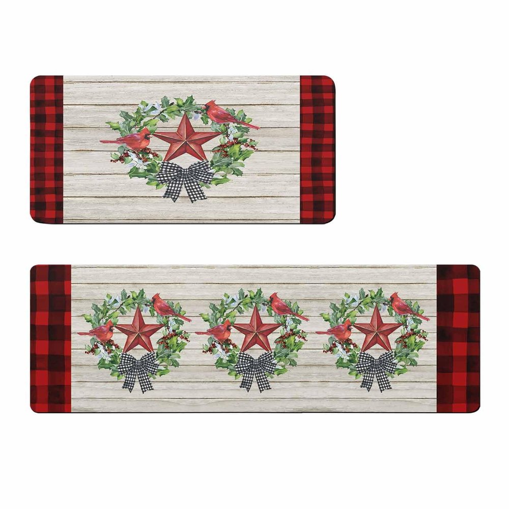 Country Barn Star Bath Mat for Tub,Non Slip Bathroom Floor Runner Rug Quick Dry & Absorbent Diatomaceous Earth Shower Sink Bedroom Kitchen Washable Doormat,Red Retro Holly Checkered 20x32+20x63