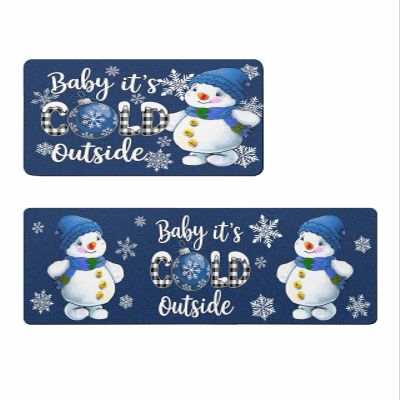 Christmas Blue Bath Mat for Tub,Non Slip Bathroom Floor Runner Rug Quick Dry & Absorbent Diatomaceous Earth Shower Sink Bedroom Kitchen Washable Doormat,Winter Snowman Snowflake Plaid 20x24+20x48