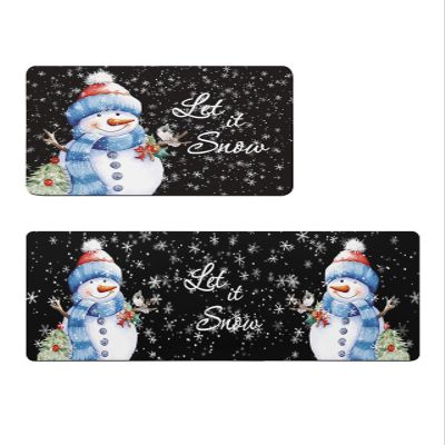 Christmas Bath Mat for Tub,Non Slip Bathroom Floor Runner Rug Quick Dry & Absorbent Diatomaceous Earth Shower Sink Kitchen Washable Doormat,Black Winter Snowflake Snowman Birds Black 24x36+24x71