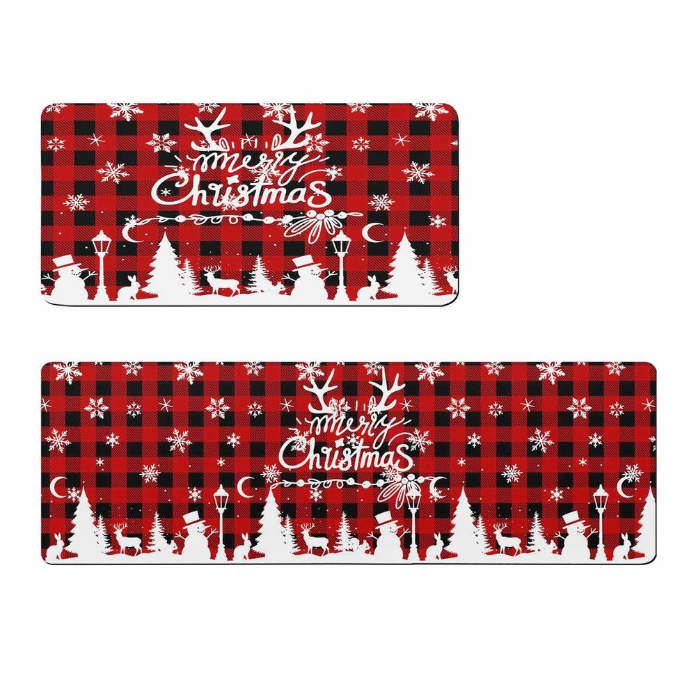 Christmas Bath Mat for Tub,Non Slip Bathroom Floor Runner Rug Quick Dry & Absorbent Diatomaceous Earth Shower Sink Kitchen Washable Doormat,Winter Snowman Snowflake Xmas Tree Plaid Red 24x36+24x71
