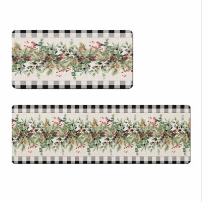 Winter Eucalytus Bath Mat for Tub,Non Slip Bathroom Floor Runner Rug Quick Dry & Absorbent Diatomaceous Earth Shower Sink Kitchen Doormat,Christmas Pint Tree Branch Farmhouse Plaid 18x30+18x48