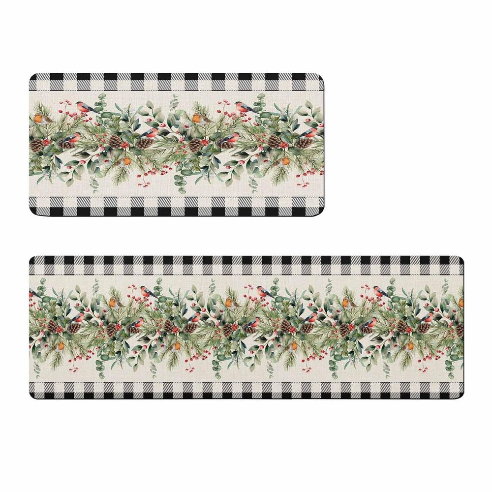 Winter Eucalytus Bath Mat for Tub,Non Slip Bathroom Floor Runner Rug Quick Dry & Absorbent Diatomaceous Earth Shower Sink Kitchen Doormat,Christmas Pint Tree Branch Farmhouse Plaid 18x30+18x48