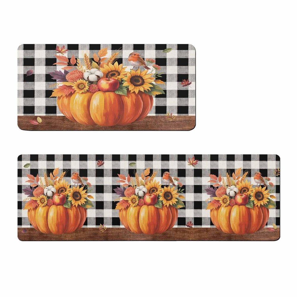 Pumpkin Plaid Bath Mat for Tub,Non Slip Bathroom Floor Runner Rug Quick Dry & Absorbent Diatomaceous Earth Shower Sink Kitchen Washable Doormat,Thanksgiving Fall Farmhouse Bird Sunflower 24x36+24x71