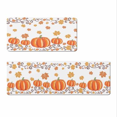 Orange Pumpkin Bath Mat for Tub,Non Slip Bathroom Floor Runner Rug Quick Dry & Absorbent Diatomaceous Earth Shower Sink Kitchen Washable Doormat,Thanksgiving Fall Maple Leaves White 18x30+18x48