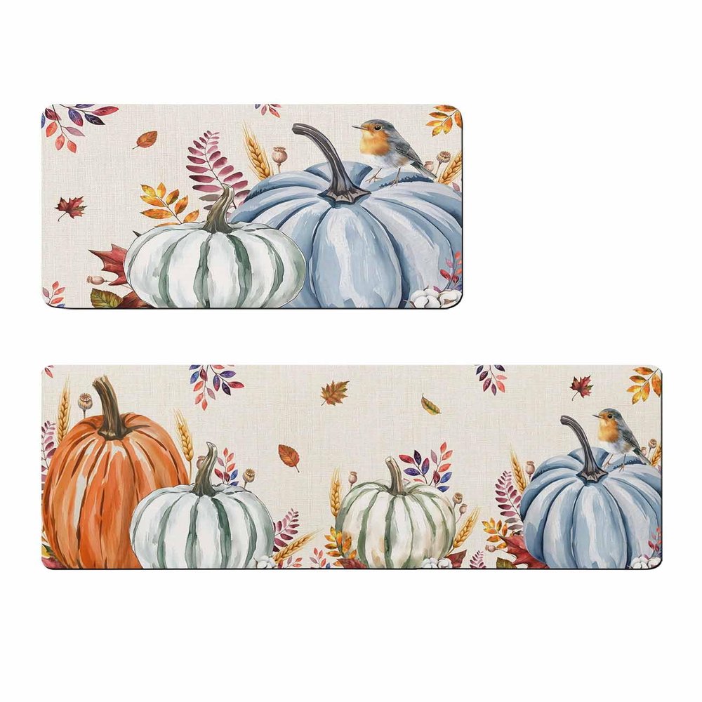 Abstract Pumpkins Bath Mat for Tub,Non Slip Bathroom Floor Runner Rug Quick Dry & Absorbent Diatomaceous Earth Shower Sink Kitchen Washable Doormat,Fall Thanksgiving Eucalyptus Leaves Bird 24x36+24x71