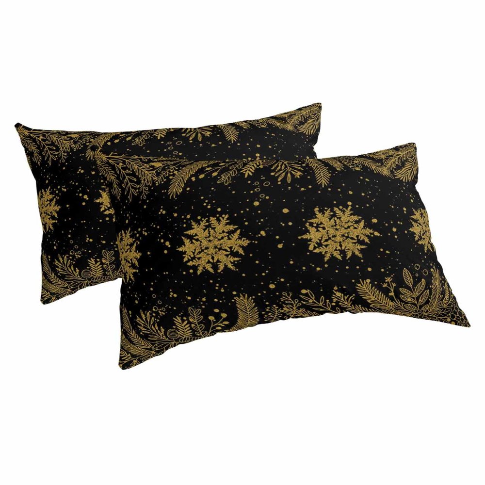 BOBOWUNY Golden Snowflake Pillow Covers Queen Size 2 Pack, Christmas Winter Pine Tree Leaves Black Soft Bed Throw Pillowcases Breathable Cooling Long Lumbar Body Pillow Sham Cover for Bed Sofa 20x30