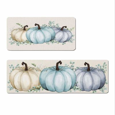 Pumpkin Eucalyptus Bath Mat for Tub,Non Slip Bathroom Floor Runner Rug Quick Dry & Absorbent Diatomaceous Earth Shower Sink Kitchen Washable Doormat,Watercolor Fall Farmhouse Plant Leaves 16x24+16x47