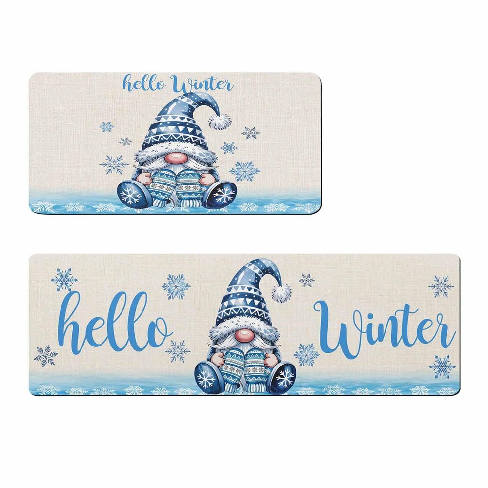 Christmas Gnomes Bath Mat for Tub,Non Slip Bathroom Floor Runner Rug Quick Dry & Absorbent Diatomaceous Earth Shower Sink Bedroom Kitchen Washable Doormat,Blue Winter Snowflake Xmas Dwarf 20x24+20x48