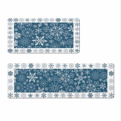 Blue Christmas Bath Mat for Tub,Non Slip Bathroom Floor Runner Rug Quick Dry & Absorbent Diatomaceous Earth Shower Sink Bedroom Kitchen Washable Doormat,Xmas Snowy Winter Snowflake Flower 16x24+16x47