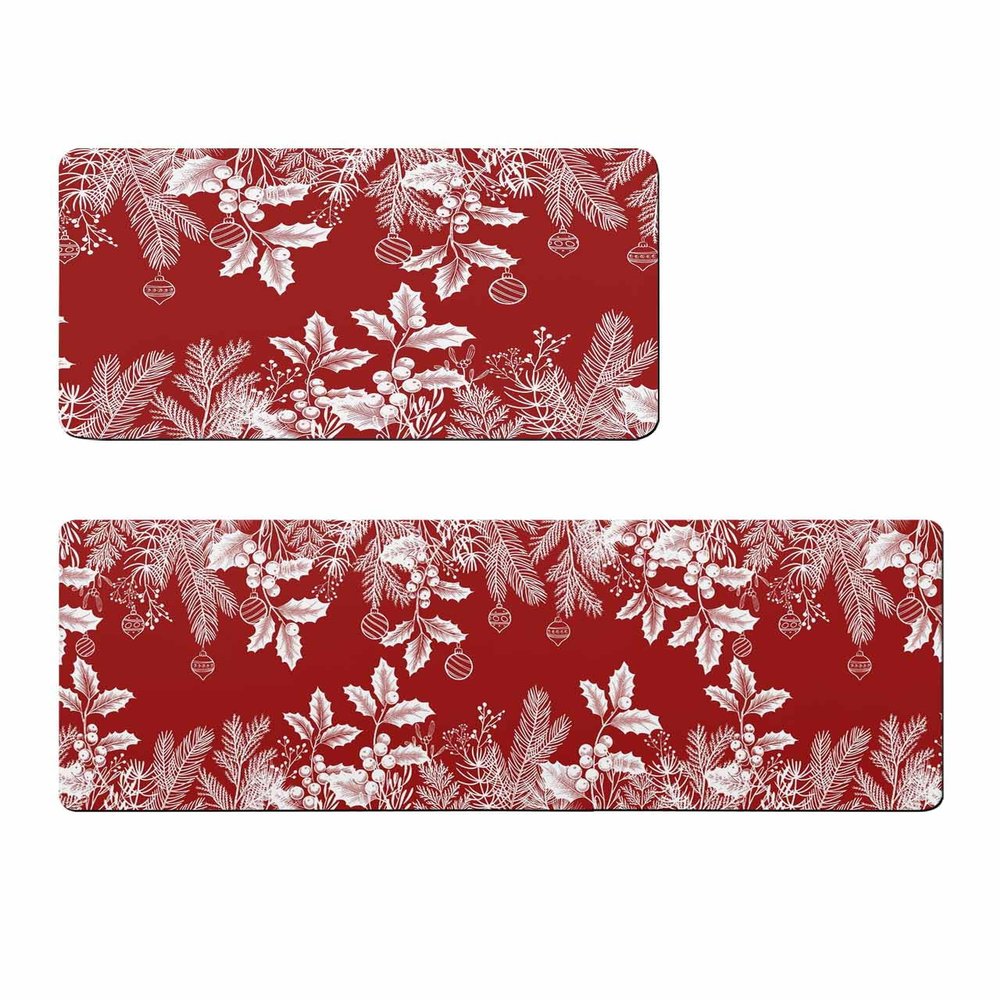 Christmas Pine Bath Mat for Tub,Non Slip Bathroom Floor Runner Rug Quick Dry & Absorbent Diatomaceous Earth Shower Sink Bedroom Kitchen Washable Doormat,Red Xmas Tree Branch Berry 16x24+16x47