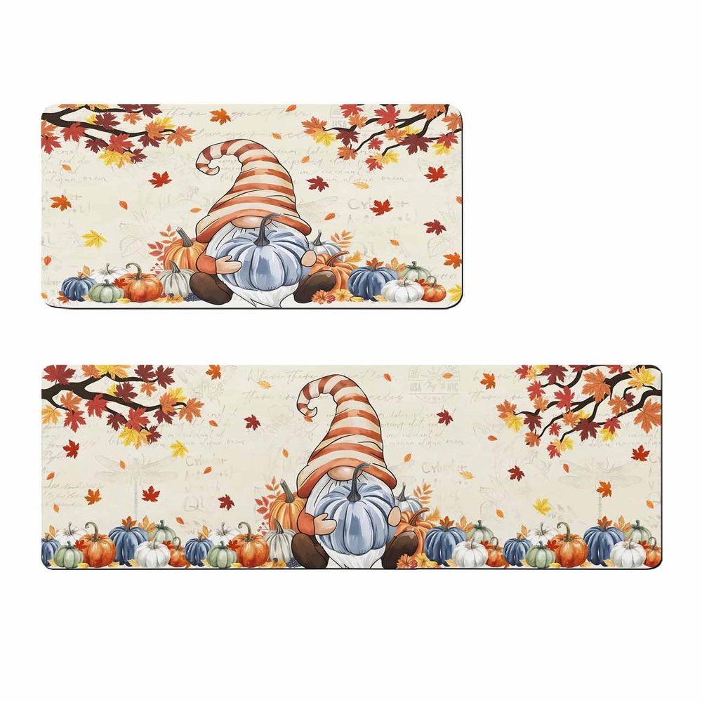 Fall Gnomes Bath Mat for Tub,Non Slip Bathroom Floor Runner Rug Quick Dry & Absorbent Diatomaceous Earth Shower Sink Kitchen Washable Doormat,Thanksgiving Pumpkin Autumn Maple Leaves 24x36+24x71