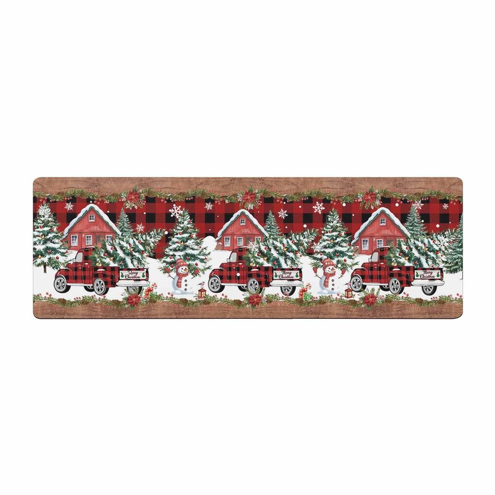 Christmas Bath Mat for Tub,Non Slip Bathroom Floor Runner Rug Quick Dry & Absorbent Diatomaceous Earth Shower Sink Kitchen Doormat,Red Farmhouse Winter Snowman Snowflake Truck Plaid Barn 20"x63"