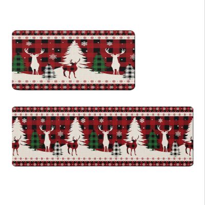 Winter Bath Mat for Tub,Non Slip Bathroom Floor Runner Rug Quick Dry & Absorbent Diatomaceous Earth Shower Sink Kitchen Washable Doormat,Christmas Reindeer Snowflake Winter Red Lattice 16x24+16x47