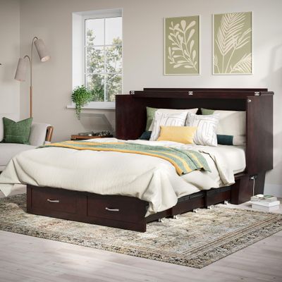 AFI, Chelsea Mid-Century Modern Queen Solid Wood Murphy Bed Chest with 6" Mattress, Storage Drawer & Built-in USB Charger, Espresso