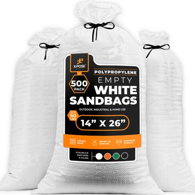 Xpose Safety Heavy Duty Sand Bags with Tie Strings Empty Woven Polypropylene Sandbags for Hurricane Flood Protection, 50 lb Capacity, 14" x 26", White, Pack of 500