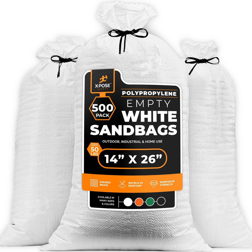 Xpose Safety Heavy Duty Sand Bags with Tie Strings Empty Woven Polypropylene Sandbags for Hurricane Flood Protection, 50 lb Capacity, 14" x 26", White, Pack of 500