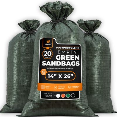 Xpose Safety Heavy Duty Sand Bags with Tie Strings  Empty Woven Polypropylene Sandbags for Hurricane Flood Protection, 50 lb Capacity, 14" x 26", Green, Pack of 20