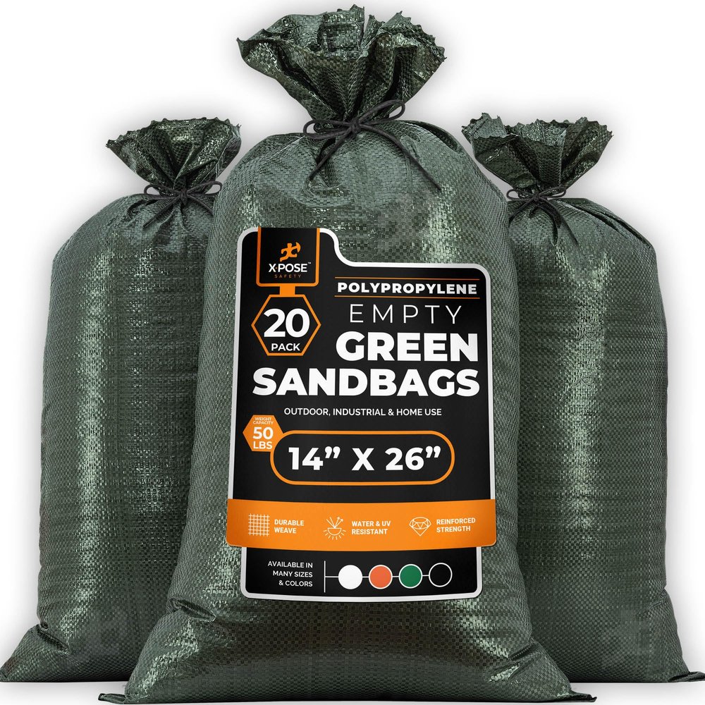 Xpose Safety Heavy Duty Sand Bags with Tie Strings  Empty Woven Polypropylene Sandbags for Hurricane Flood Protection, 50 lb Capacity, 14" x 26", Green, Pack of 20