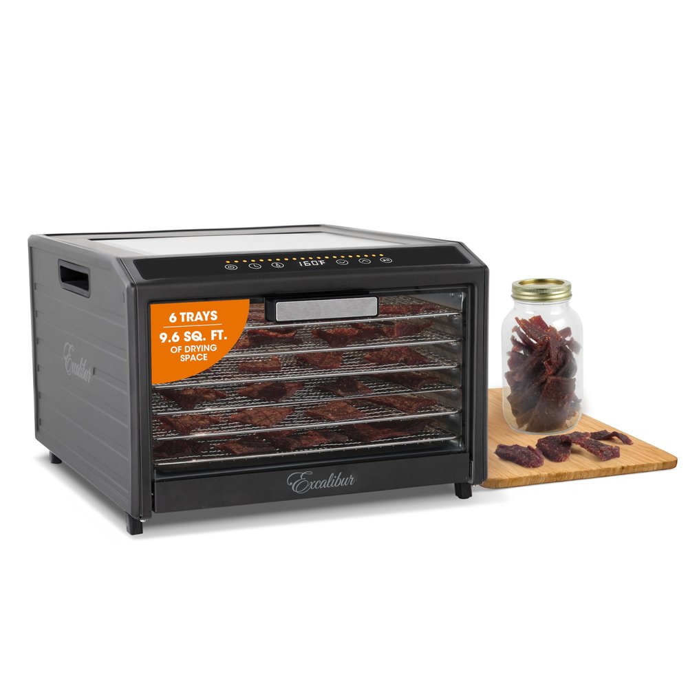 Excalibur Electric Food Dehydrator Performance Series 6-Tray with Adjustable Temperature Control Includes Stainless Steel Drying Trays Glass Door Top View Window and LED Display Progress Bar, Black