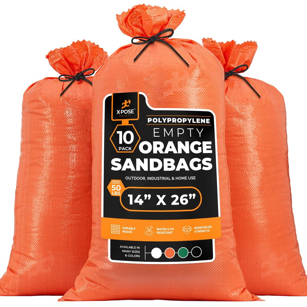 Xpose Safety Heavy Duty Sand Bags with Tie Strings Empty Woven Polypropylene Sandbags for Hurricane Flood Protection, 50 lb Capacity, 14" x 26", Orange, Pack of 10