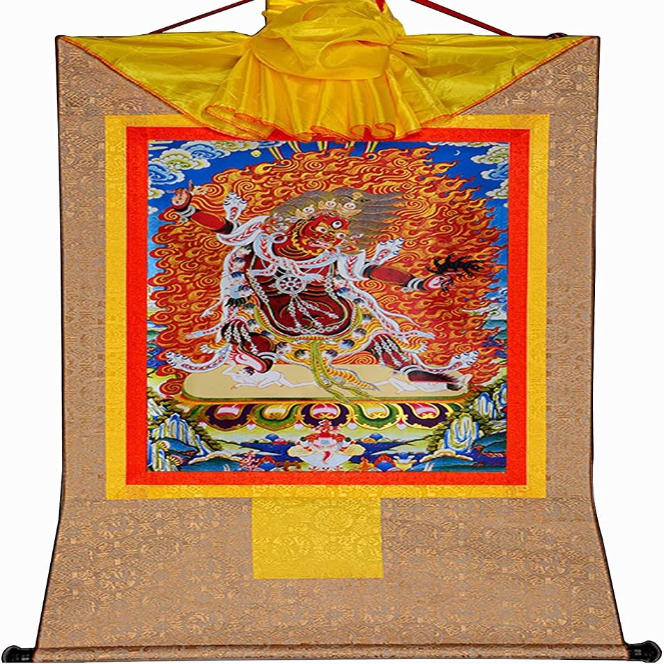 Silk Scroll Painting,Tibetan Thangka,Guru Dragpo,A Fierce Emanation of Guru-Saint Padmasambhava, Tibetan Thangka Painting Art,Buddhist Thangka Brocade,Buddha Tapestry with Scroll ( Color : Blu , Size