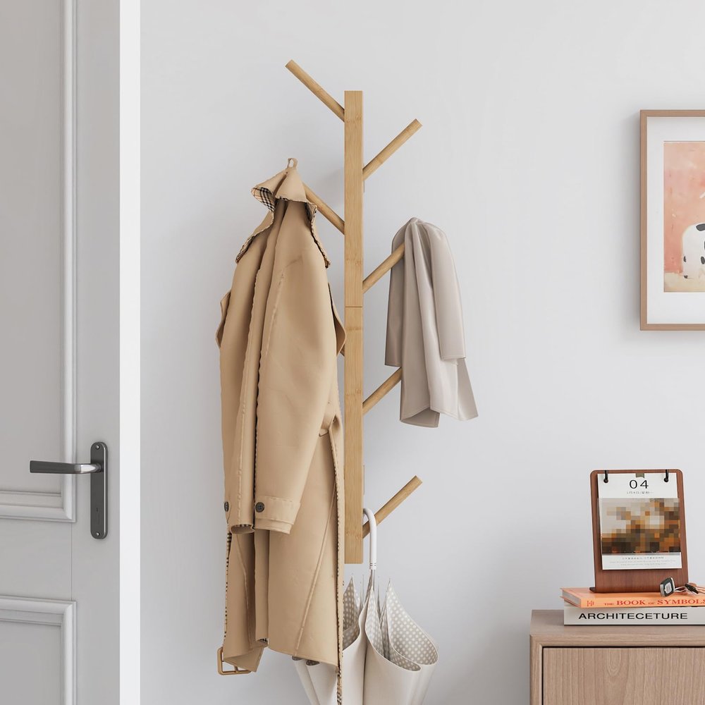 Furshus Coat Rack Wall Mount,Bamboo Vertical Hat Rack for Wall,Wall Coat Tree,Coat Hanger,Floating Coat Rack for Hats,Jackets,Bags,Entryway Bedroom (Natural)