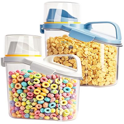 Besmall Cereal Containers Storage Small Food Storage Containers with Pour Spout, Measuring Cup for Rice Flour Sugar Dog Cat Dry Food Dispenser Plastic Kitchen Airtight Canister 1.8L BPA Free