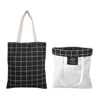 PATIKIL Canvas Tote Bag for Women, Double-Sided Canvas Bag with Handles Bulk Cotton Sturdy Reusable Tote Bag Washable Plaid for Teacher Shopping Gifts Grocery, Black