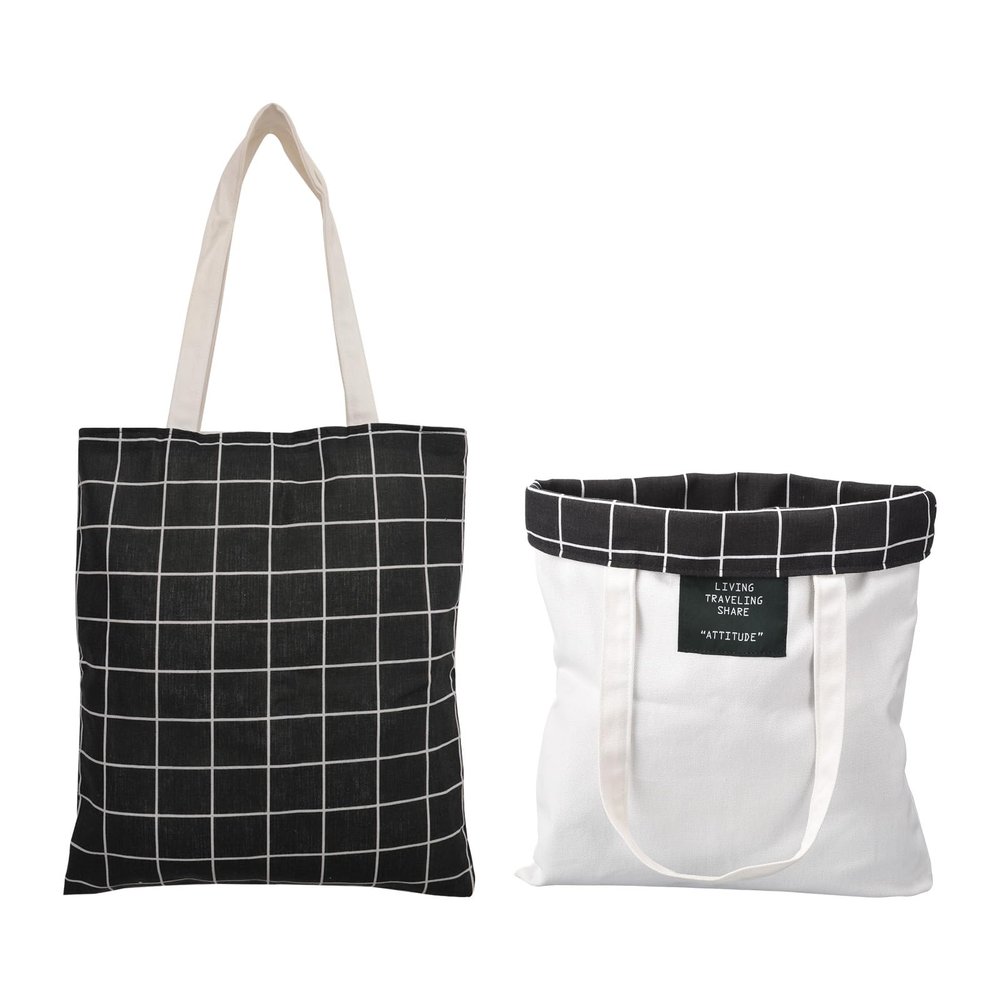 PATIKIL Canvas Tote Bag for Women, Double-Sided Canvas Bag with Handles Bulk Cotton Sturdy Reusable Tote Bag Washable Plaid for Teacher Shopping Gifts Grocery, Black