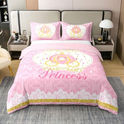 100% Nature Cotton Girly Princess Carriage Duvet Cover All Season,Golden Crown Dots Dreamy Abstract Floral Print Bedding Sets (NO Comforter),Pink Embroidered Pattern All Season Bedding Queen Size