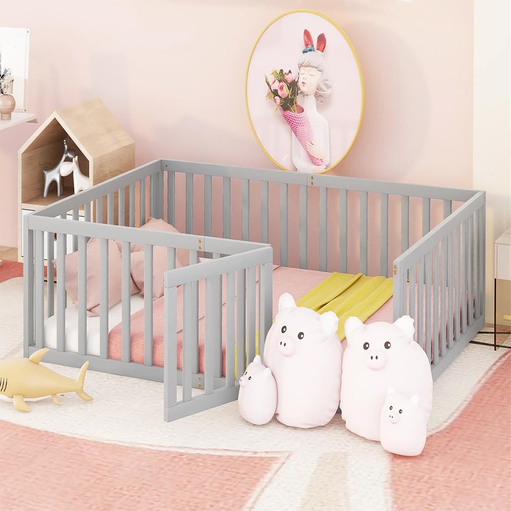 Kennkari Twin Size Floor Bed with Fence and Door, Floor Bed Frame, Wood Montessori Bed Frame for Kids Boys Girls Teens, No Box Spring Needed, Easy Assembly (Gray,Full)
