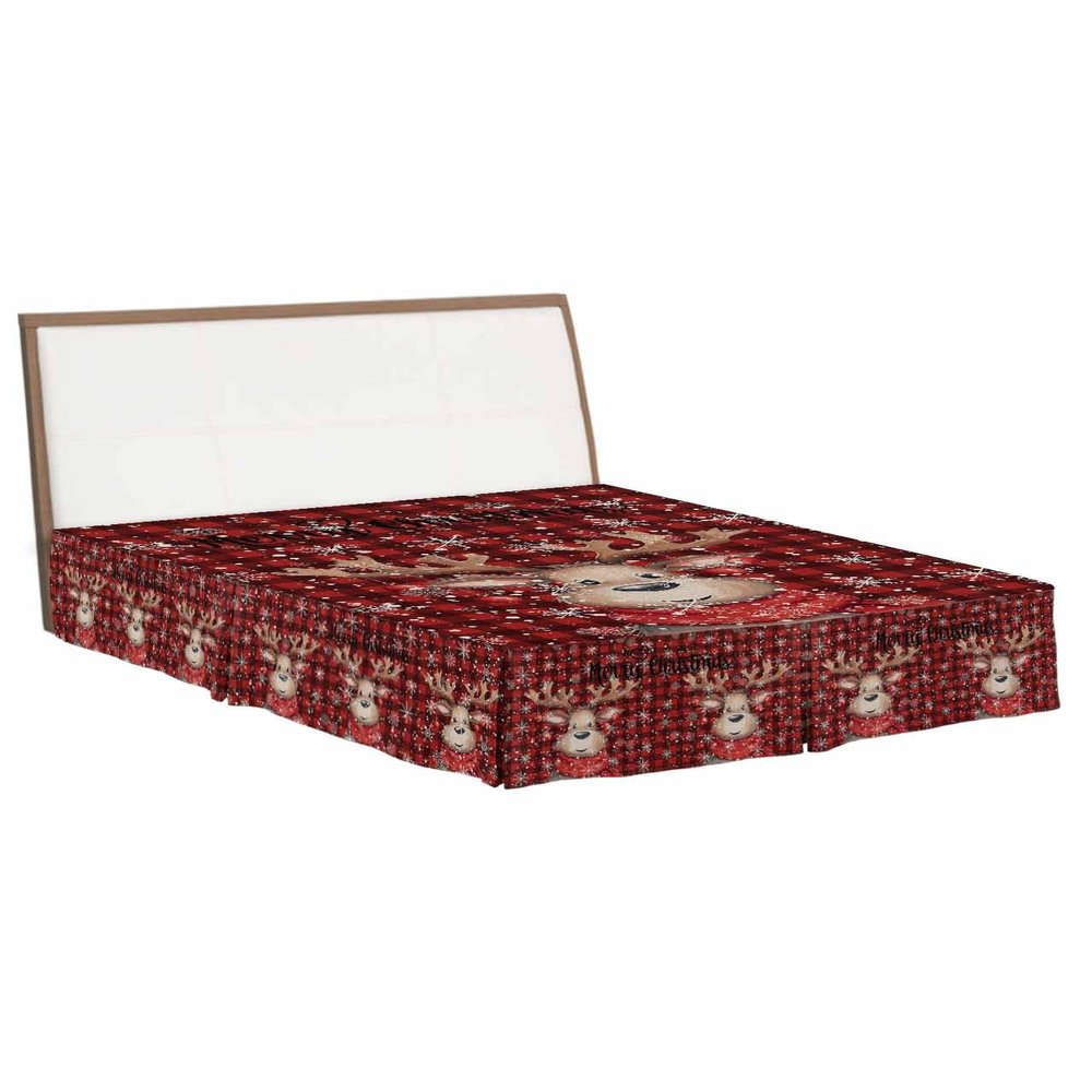 Christmas Elk Bed Skirt Queen Size 18 Inch Drop with Split Corners, Winter Snowflake Buffalo Plaid Red Dust Ruffled Pleated Bed Skirts Wrap Around Tailored Bed Skirt Valance for Bedroom
