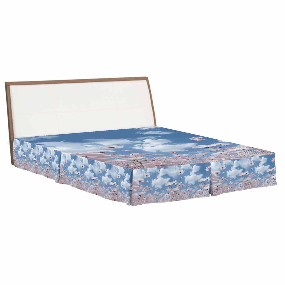 Pastel Pink Flower Bed Skirt Queen Size 18 Inch Drop with Split Corners, Farmhosue Country Sky Blue White Dust Ruffled Pleated Bed Skirts Wrap Around Tailored Bed Skirt Valance for Bedroom