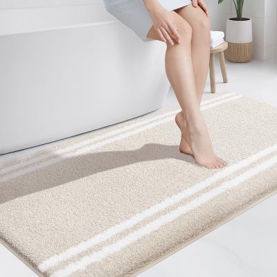 PURRUGS Bathroom Rug Non-Slip Machine Washable 30" x 60", Super Absorbent and Quick Dry Shaggy Microfiber Bath Mat, Extra Soft and Plush Bath Rug for Bathtub, Shower, and Sink, Beige
