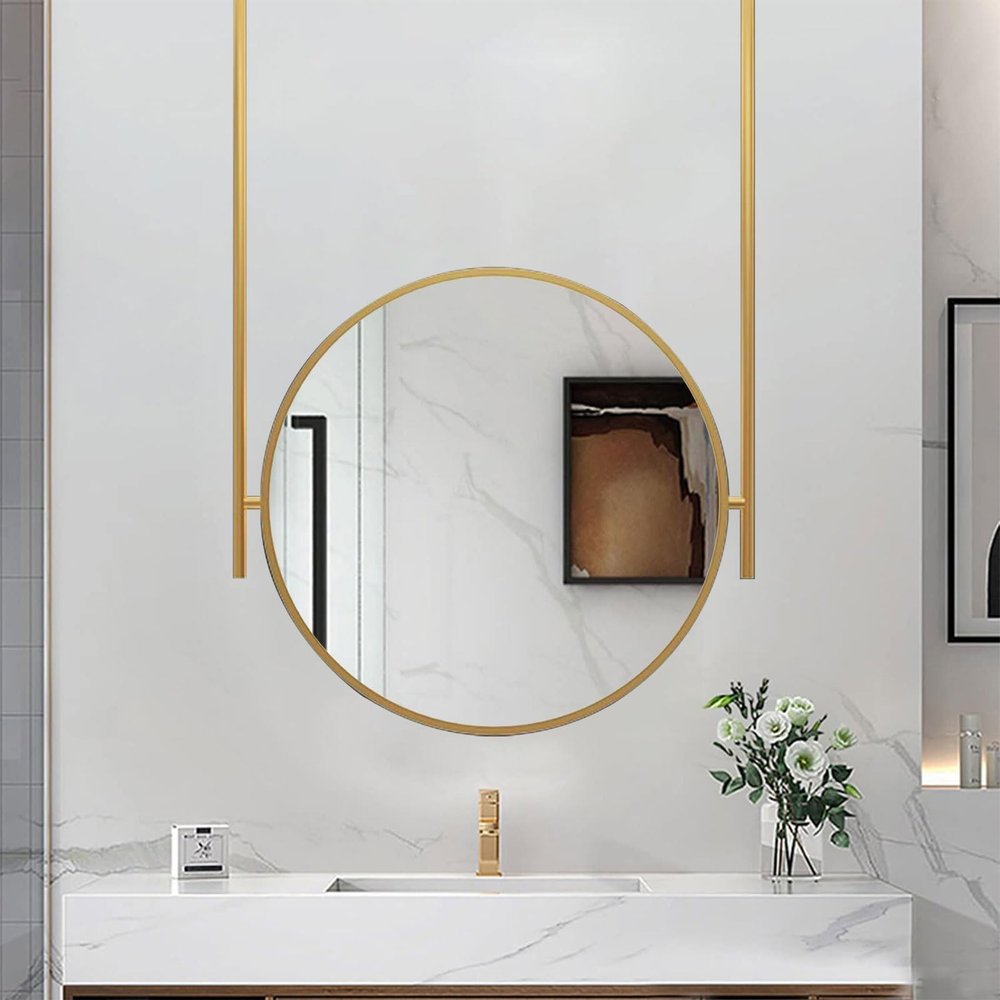 Drsyffsup Gold Ceiling Hanging Round Mirror with Metal Framed, Bathroom Decorative Wall Vanity Mirrors Make-up Cosmetic - Customizable Metal Boom Mirror (Size : Diameter-60CM/23.6INCH)