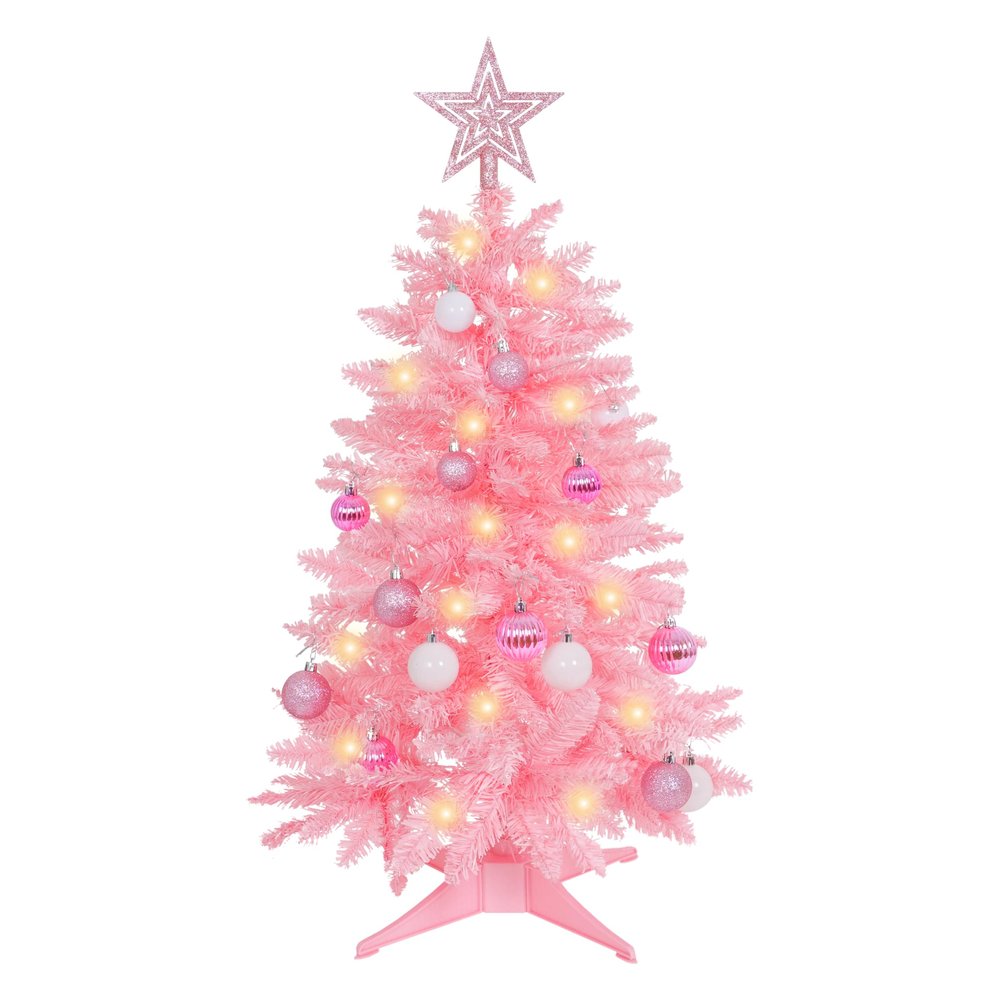 SUNSHINE DECOR Pink Christmas Tree with Light 3ft Artifical Full Christmas Tree with Ball & Star Ornaments 8 Lighting Modes for Holiday Decor