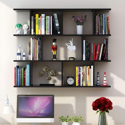 KWOKING Wall Mounted Bookcase Engineered Wood Bookshelf Open Bookcase Bookshelf Wall Hanging Wall Locker Shelf Bedroom Wall Lattice Wine Rack Hanging Wall Cabinet Black 47.2" L x 7.9" W x 37.9" H